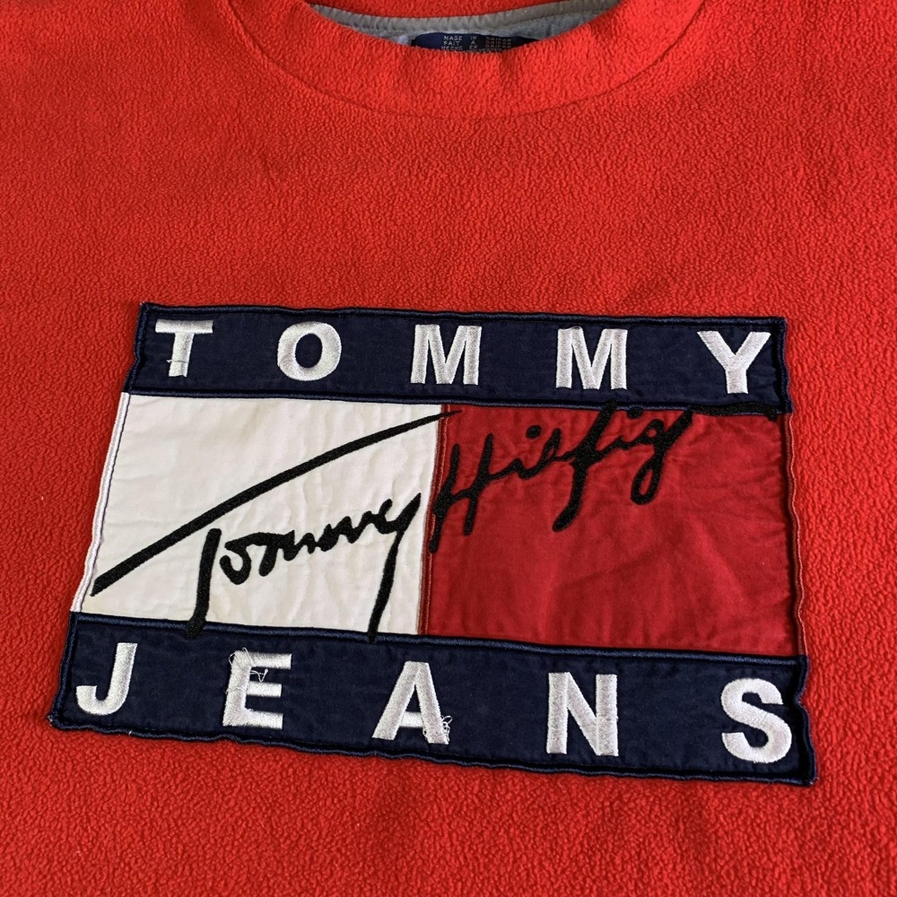 Vintage Tommy Jeans Sweatshirt Mens XL Red Fleece Crewneck Flag Logo 90s